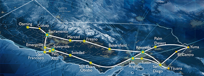 A view of California from space with various community college locations mapped.